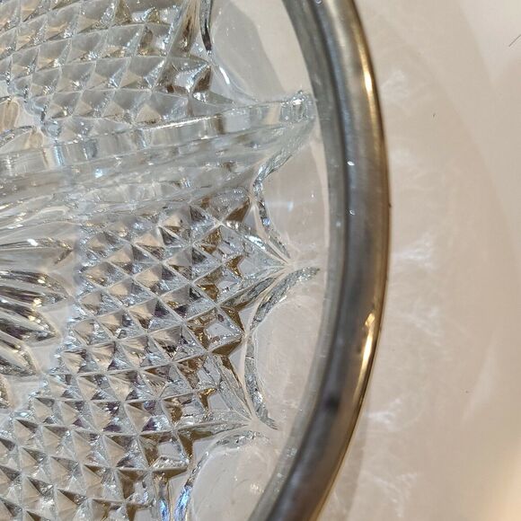 Vintage Silver Rim Lead Crystal Divided 3 Sectioned Shallow Serving Bowl Dish - Picture 4 of 7